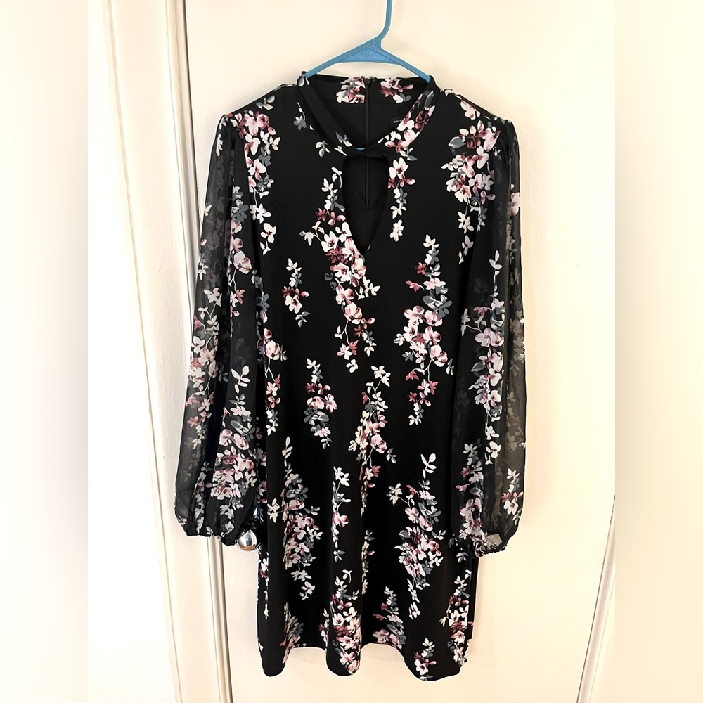 Floral White House Black Market large floral dress with sheer sleeves